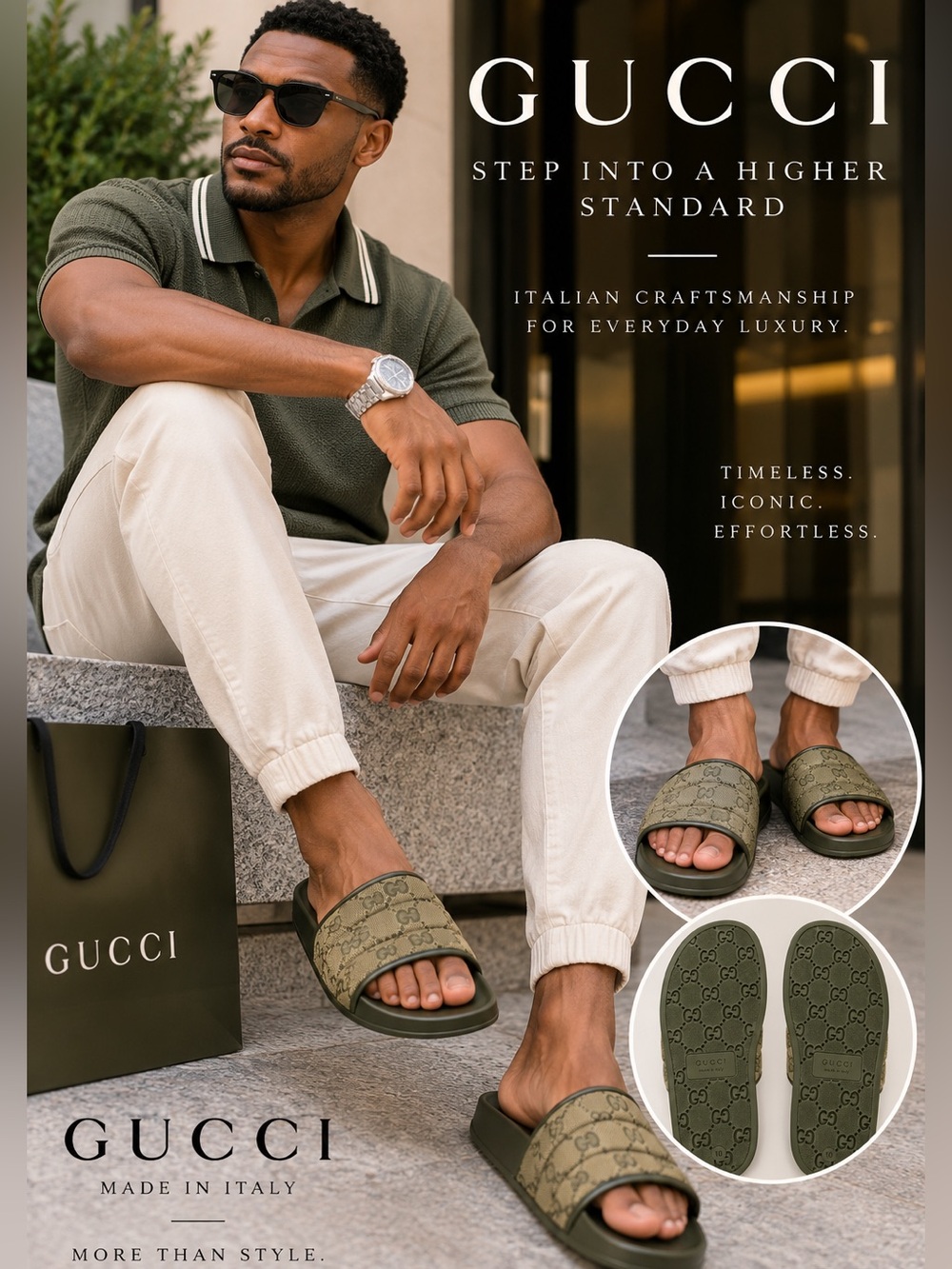 NWT Gucci Olive Green Monogram Slide Sandals US 9